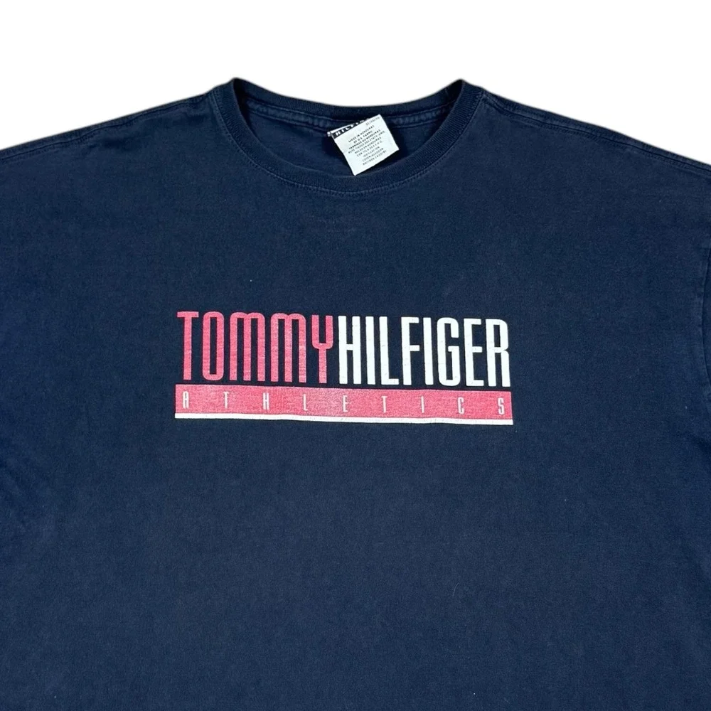 Vintage 2000s Tommy Hilfiger Athletics Navy Blue‎ Double Stitch Shirt Men's XL